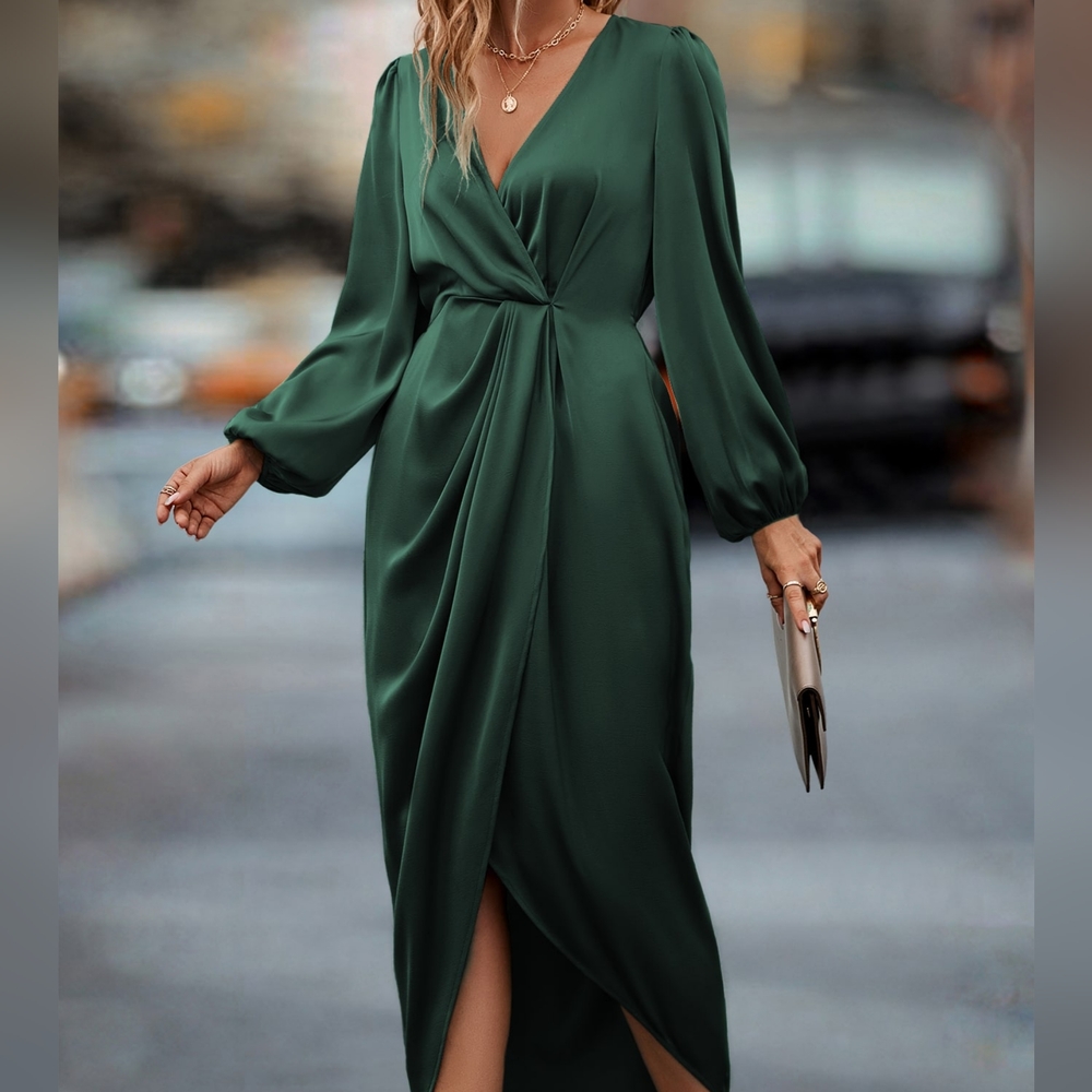 Sleeve Twist Front Wrap Hem Satin Dress - Picture 4 of 4
